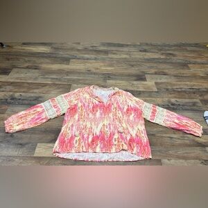 Stella Parker Boho Peasant Top XL Pink Orange Ikat Rayon Tassel Blouse